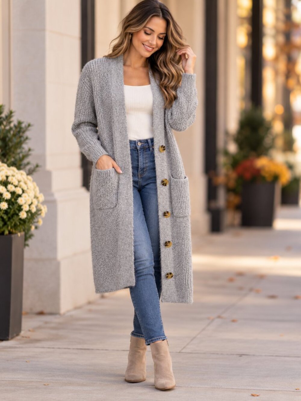 No Boundaries Gray Longline Cardigan Sweater S 3-5 Button Front Pockets Cozy
